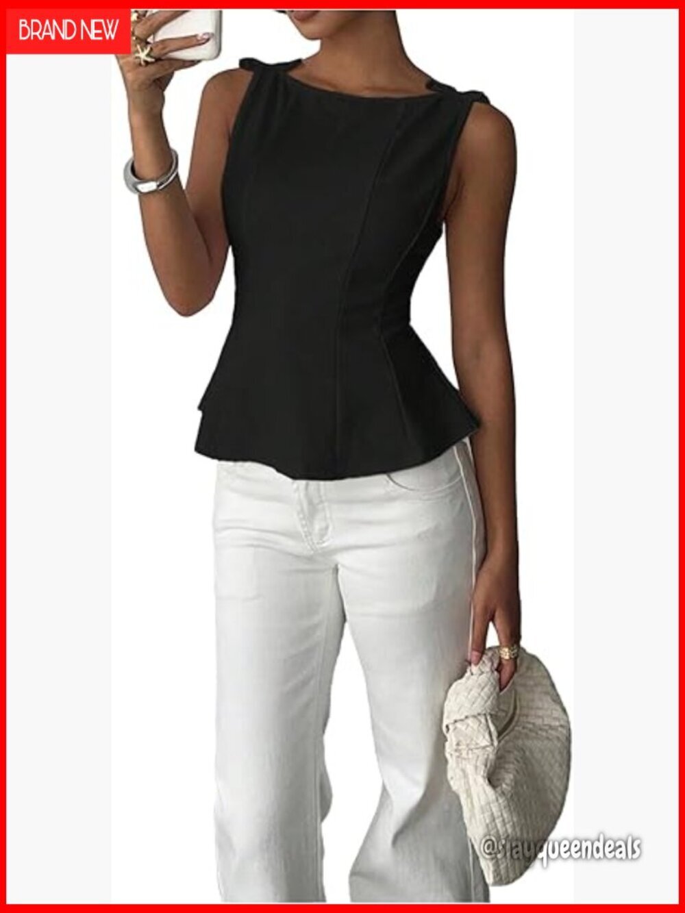 Sleeveless Bow Peplum Tank Top Boat Neck Cinched Waist Dressy Blouse